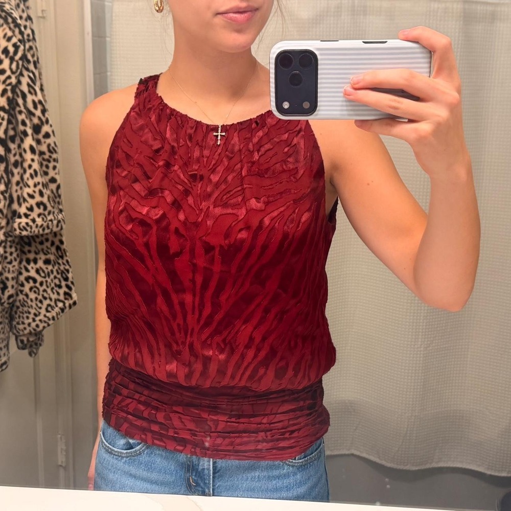White House Black Market Red Silk Blend Burnout Zebra Halter Blouse Size 4